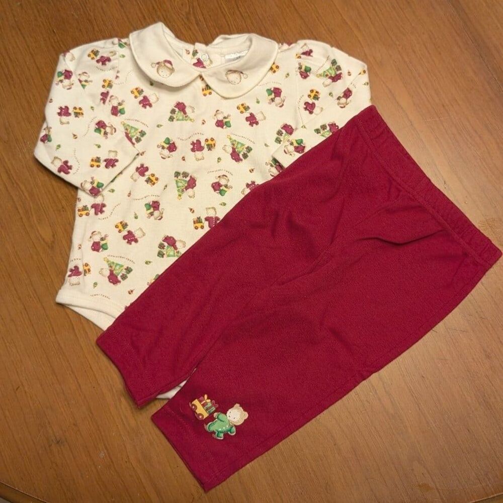 Vintage Baby Infant Bear Print Long Sleeve Bodysuit and Red Pants Set